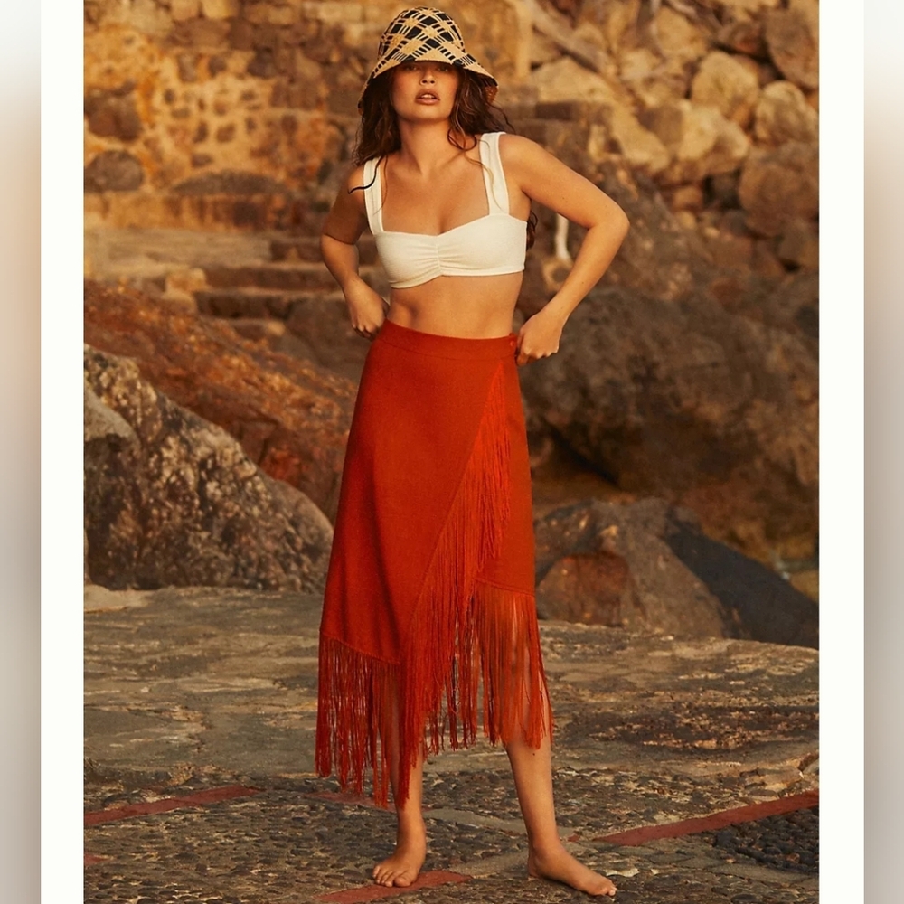 NWT Anthropologie Fringe Wrap Skirt by Le Superbe Size 8 Orange Red Skirt